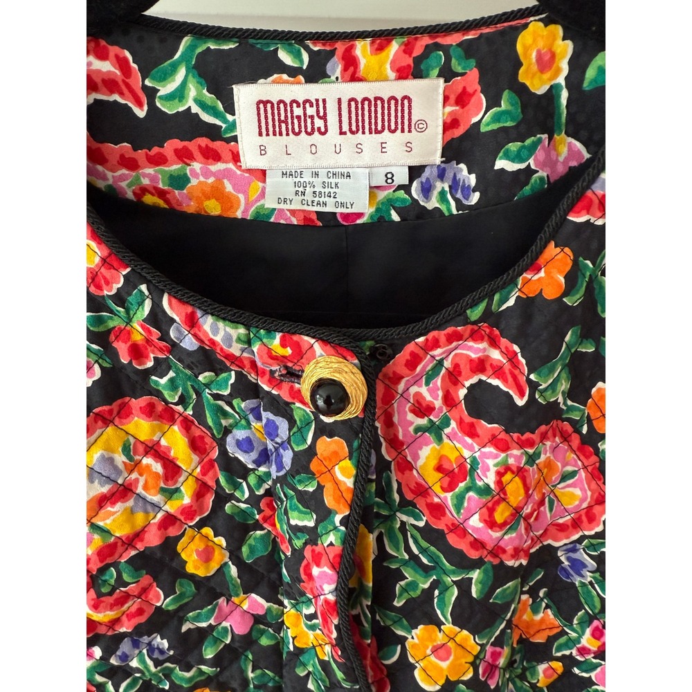 Vintage Maggy London Silk Black Quilted Jacket Boho Paisley Floral Artsy Sz 8 - Picture 3 of 5
